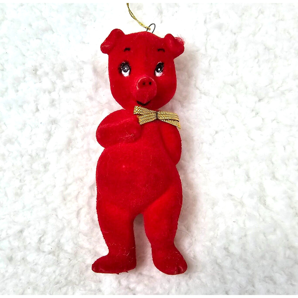 Christmas Flocked Red Pig Blow Mold 4" Mid Century w Gold Bow Standing